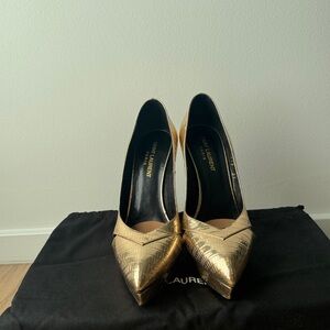 Saint Laurent Gold Croc-Texture Pointed Toe Pumps